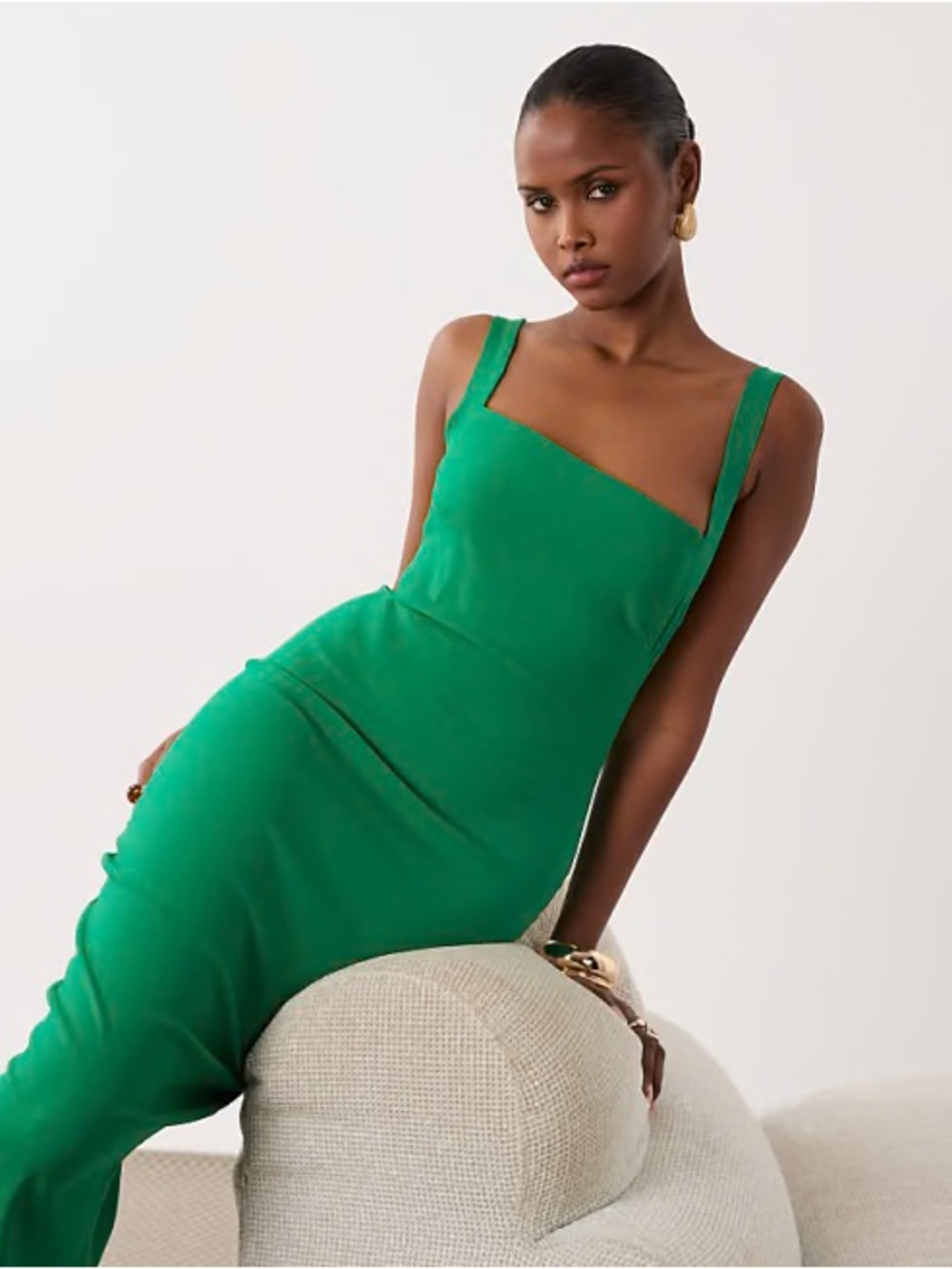 Sleeveless square neck fishtail midi dress in green